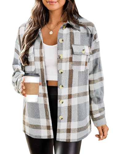 HOTOUCH Womens Long Sleeve Flannel Shacket Jacket Relaxed Loose Fit Checked Plaid Shirts Womens Tartan Outerwear Tops Brown