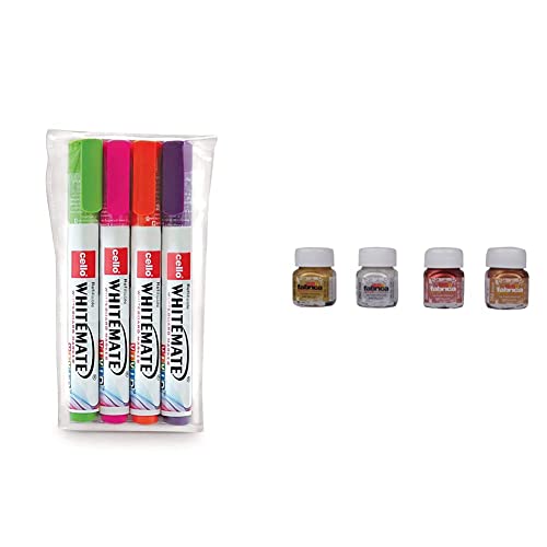Image of Cello Whitemate Vivid Whiteboard Marker (4 Vivid Ink Colors - Orange, Magenta, Violet, Lime) | Stati & Camel Fabrica Acrylic Metallic Color - 10Ml Each, 4 Shades
