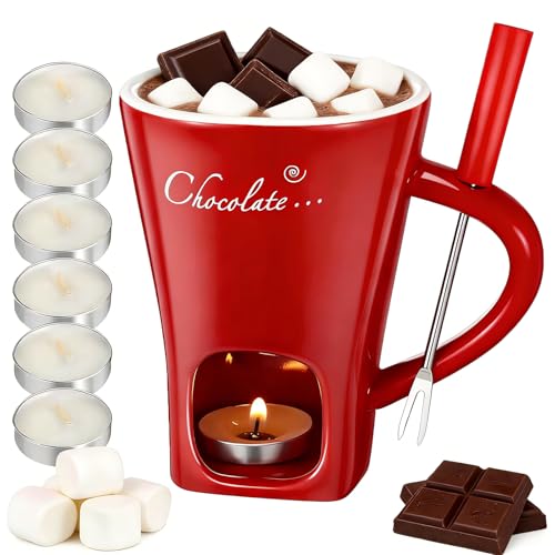 Mini Chocolate Fondue Mug Set with 6 Tea Light Candles and Forks Ceramic Fondue Pot for Melting Chocolate Butter Cheese Dessert Warmer Mug for Home Party Date Night