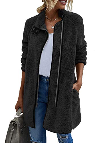 ReachMe Womens Long Zip Up Sherpa Jacket with Pockets Stand Collar Fuzzy Fleece Jacket Winter Fluffy Coat(Black 1,XXXL)