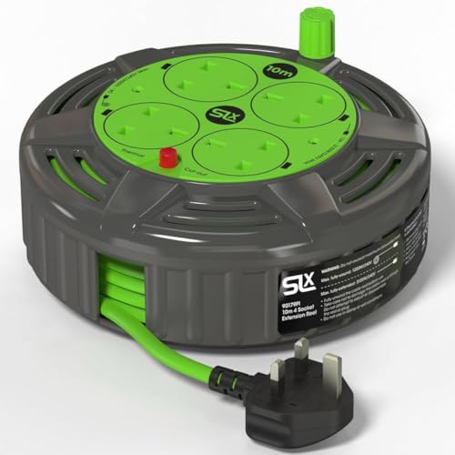 SLx Extension Lead 10m 4 Socket Compact Cable Reel with Thermal Cut Out Heavy Duty Extension Cable for Garden Lawn Mower and Office 13A Fused UK Plug in Grey & Green