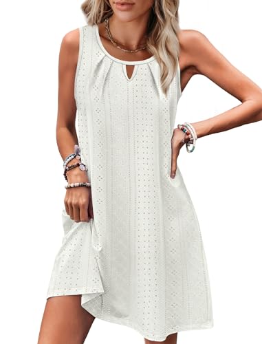 Image of RUMIA Swimsuit Coverup for Women Summer Sleeveless Beach Dress | Crew Neck, Pockets, Eyelet, Boho, Above knee Length, A-Line. Everyday wear, Sundresses, Cruise Wear, Vacation essential