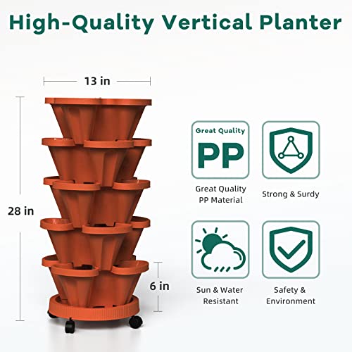 Tectsia Strawberry Vertical Planter, 5 Tiered Stacking Garden Tower, Stackable Herb Vegetable Planters with Support Pole Indoor and Outdoor - Terra Cotta by Tectsia - Image 2