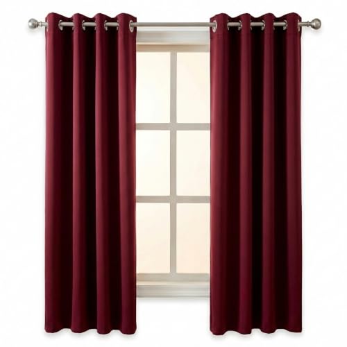 Image of 100% Blackout Window Curtains, 5 Feet, Solid Design, Faux Silk, Thermal Insulated, Noise Reducing Eyelet Door Curtain with Tie Back for Living Room & Bedroom, 115x150cm, Pack of 2 - Maroon