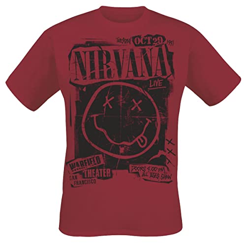 Nirvana Band Poster Homme T-Shirt Manches Courtes Rouge Regular/Coupe Standard - Les Beatles, Paul McCartney, John Lennon, RIngo Starr, George Harrison Nirvana Band Poster Homme T-Shirt Manches Courtes Rouge Regular/Coupe Standard