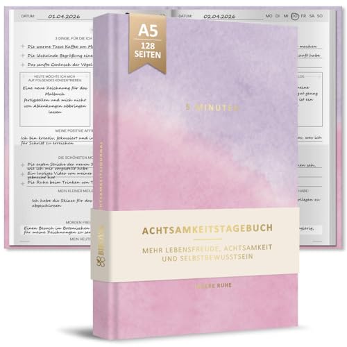BIROYAL 5 Minuten Tagebuch für Erwachsene 128 Seiten A5 | die Kombination aus Mindfulness- & Dankbarkeitstagebuch | Achtsamkeitstagebuch | Journal für Selbsterliebe & Motivation