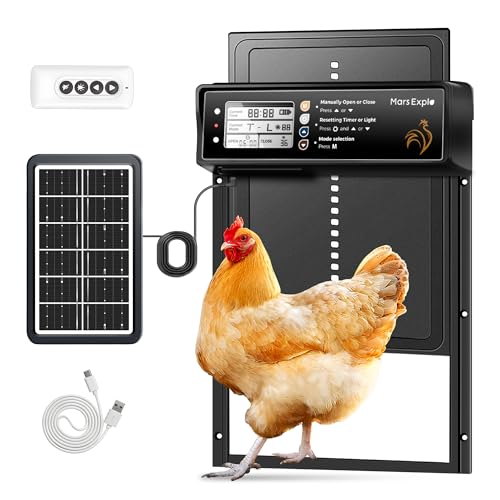 Mars Explo Solar Powered Automatic Chicken Coop Door, LCD Display, Timer & Light Sensor, 20-m Remote Control,Electirc Door,4 Modes, USB Rechargeable Battery, Black