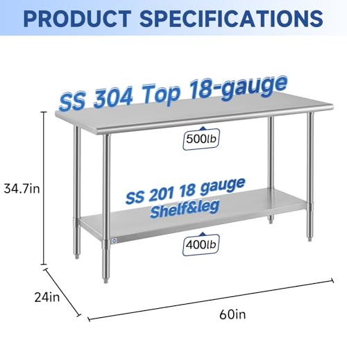 Image of ROCKPOINT SS304 Top All Stainless Steel Table for Prep & Work 24x60 Inches, NSF Commercial Kitchen Heavy Duty Table with Adjustable Undershelf for Restaurant,Kitchen, Home and Hotel