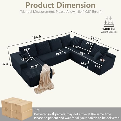 Image of Sectional Cloud Couch with L-Shape Chaise, Upholstered Corduroy Couches Stupendous U Shaped Sofas, Modern Modular Comfy Sofa with Deep Seat for Living Room Bedroom, No Assembly Required, Black