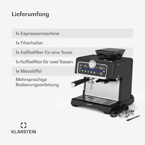 Klarstein GrandPresso Touch Siebträgermaschine Mit Mahlwerk – 20-Bar, 1350 W, Integriertes Präzisionsmahlwerk, Touchscreen, 2,3 L Wassertank, Dampfdüse, Edelstahl, Schwarz 7 Klarstein GrandPresso Touch Siebträgermaschine Mit Mahlwerk – 20-Bar, 1350 W, Integriertes Präzisionsmahlwerk, Touchscreen, 2,3 L Wassertank, Dampfdüse, Edelstahl, Schwarz