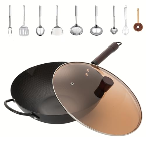 Amercook 9-piece set with lid cast iron pot (11.81 inches), Chinese style pot, flat bottomed cookware. No chemical coating, suitable for various kitchens. (11.81-in(9pc kitchenware))