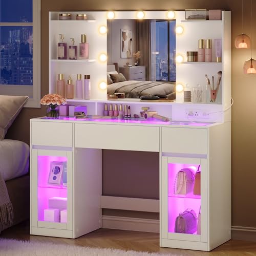 Image of VASAGLE Kailyn Collection - Vanity Desk with LED Lights and Power Outlet, Modern Vanity Table with Light Strip, 3 Drawers, 2 Cabinets, Transparent Top, 8 Storage Shelves, Cloud White URDT145WB03S