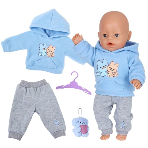 Puppenkleidung für 12-18 Zoll Baby Puppen Blaue Puppenkleidung 30-43cm mit Hoodie 1 Hose 1 Kleiderbügel 1 Plüsch Ornament für Puppenzubehör Kinder Geschenke Mädchen Jungen