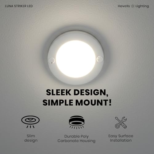 Image of Havells Luna Striker LED 3W 6500K Ceiling Light Energy Efficient WIDEST 7 Colour Option Perfectly FITS in Junction Boxes Powder Coated Polycarbonate HOUSING,60 Lumen Per Watt 6500K