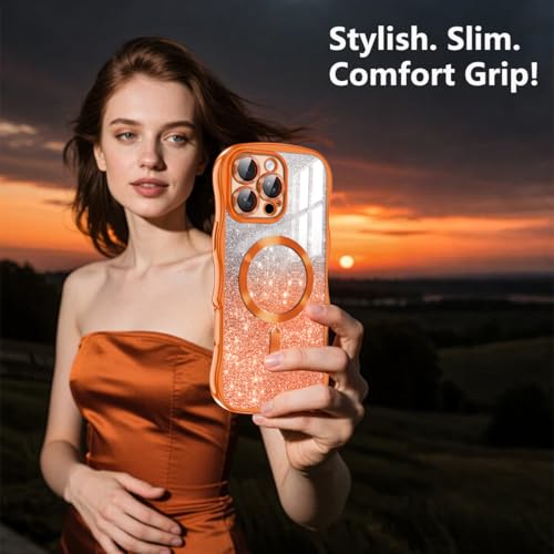 Meshine for iPhone 16 Pro Max Case,[Compatible with MagSafe][Build-in Camera Lens],Magnetic Curly Wavy Frame Shockproof Cute for Women Girls Cover for Apple iPhone 16 Pro Max 6.9 Inch,Glitter Orange - image 7