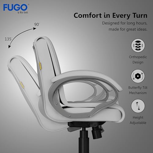 Image of FUGO FG235 Ergonomic Medium Back Office Chair with Adjustable Height, Cushioned Back&Seat, Tilting Mechanism, Heavy-Duty Metal Base, Dual Nylon Casters-Ideal for Work, Study, 3-Year Warranty (White)