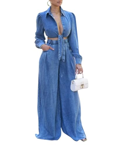SEMATOMALA Women's Fall Denim Outfits Knot Tie Crop Top and