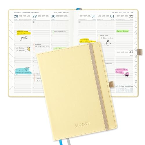 IN-LUXPRO Kalender 2026 2027 Wochenplaner | Luxus Terminplaner A5 18-Monate Buchkalender | Juli 26-Dez 27 cuir premium PU | Planer 1 Woche 2 Seiten - Gelb