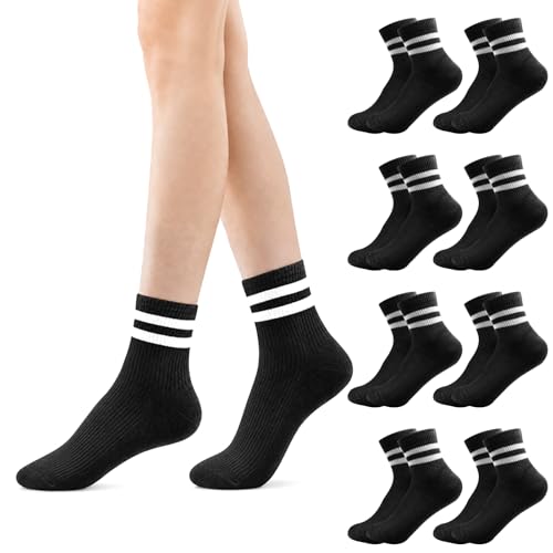 Pinboov 8 Pairs Socks Womens 4-7 Breathable Cotton Crew Socks Striped Mid-Calf Sports Sock 8 Pairs Black for Gym Running Daily Wear and Casual Activities
