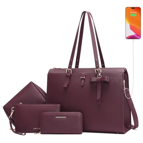 Keyli Laptop Tote Bag for Women Large Waterproof Leather Work Laptop Briefcase with Built-in USB Charging Port Computer Shoulder Bags Fits 15.6 Inch, Business Handbag Purse 4pcs Set Wine Red