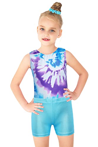 Xfgirls Gymnastics Leotards For Girls Sparkle 2 Piece Activewear Sleeveless Gymnastics And Tumbling Athletic Leotards With Short Set Blue Tie Dye Size 8-9 #TOP6