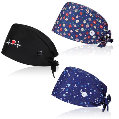 Qianyu 3 Pcs Scrub Caps Women Adjustable Surgical Cap with Button Lightweight Breathable Cute Nursing Working Hats for Unisex Dentist Nurse Doctors Scrub Cap Dark Blue