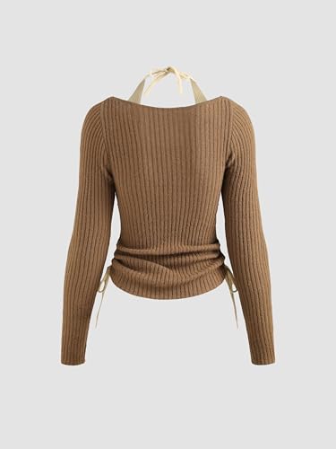 CIDER Two Tone Rib Knit Halter Drawstring Top4