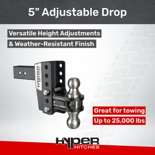 Hyper Hitches S250 Adjustable Trailer Hitch, Fits 2 1/2-Inch Receiver, 5-Inch Adjustable Drop/Rise, Includes 2-Inch And 2 5/16-Inch Dual-Ball Hitch, Up To 25,000 Gtw, Made In The Usa, Black #TOP1