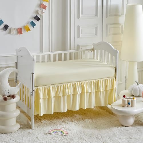 Image of Ruffled Mini Crib Bedding Set Baby Boho Quilted Comforter with Fitted Sheet and Bed Skirt - Cute Soft Breathable Seersucker Shabby Bedding Soft Blanket Only for Mini Crib - Yellow