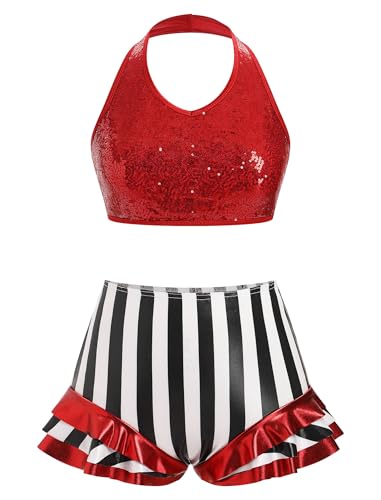 Women Sparkly Sequins Halter Crop Top Black and White Stripe Metallic Dance Short Adult Acrobat Trapeze Artist Outfits Ballerina Dance Dress Contemporary Lyrical Dance Costume Red S