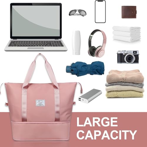 flintronic Reisetasche Damen, Faltbare Reisetasche, Sporttasche, Handgepäck Tasche, Wasserdicht Travel Bag Duffle Bag, Trainingstasche, Handtasche für Sport & Reisen (Mit 1 Gepäckanhänger)-Rosa