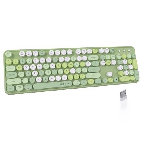 UBOTIE Teclado inalámbrico colorido de modo dual, Bluetooth y receptor USB, máquina de escribir retro, teclas redondas, compatible con múltiples dispositivos para PC, laptop, tablet, teléfonos (verde