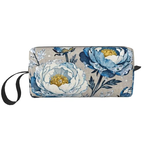 OLUSENMO Blue White Floral Makeup Bag Organizer Compact & Durable Frosted Floral Travel Cosmetic Bag Oxford Fabric Impact-Resistant Multi-Purpose Storage Perfect for Travel, Gym, Daily Use
