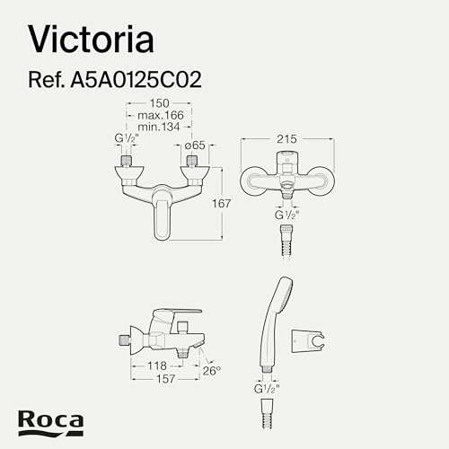 Miniatura 6 de Roca,Victoria,Grifería Monomando Exterior Baño-Ducha Con Inversor Automático, Ducha De Mano, Flexible De 1,70 M. Y Soporte De Ducha Articulado,A5a0125c02
