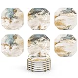 UMIRRO Ceramic Stone Coasters for Drinks Absorbent with Holder for Wooden Coffee Table Decor, Stoneware Cup Coasters for Iced Cold or Hot Drinks, Rustic Retro Boho Style, Gold, 4' Set of 6