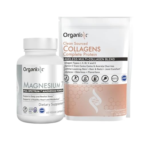 Organixx Magnesium 7 Chelated Complex (60 Caps) & Collagen Peptides Powder (30 Servings), Complete Protein with Vitamin C & Zinc, High Absorption Formulas for Joint, Skin & Muscle Support, Gluten Free