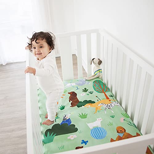 Rookie Humans 100% Cotton Sateen Fitted Crib Sheet: At The Dog Park. Modern Nursery, Use As A Photo Background For Your Baby Pictures. Standard Crib Size (52 X 28 Inches) #TOP1