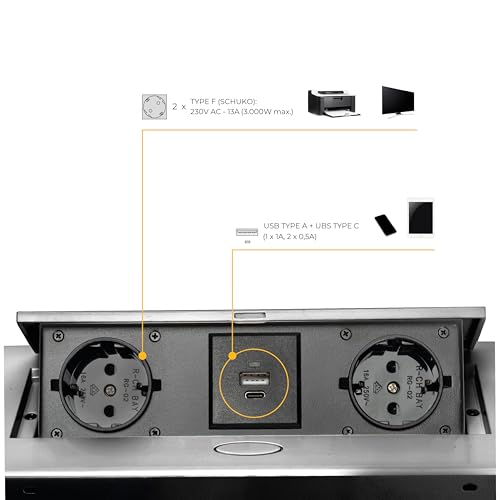 Emuca - Ciabatta Da Scrivania, 2 Prese Eu + 1 Usb Tipo A + 1 Usb Tipo C, 265X120Mm, Acciaio E Alluminio, Verniciato Alluminio - 3