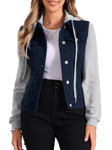 Allegra K Women's Jean Jackets Layered Drawstring Hood Denim Jacket with Pockets