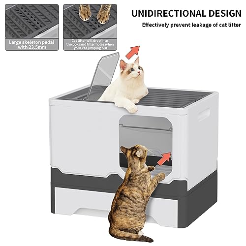 Grey Foldable Cat Litter Box with Lid, Extra Large Front Entry Top Exit, Drawer Type Enclosed Kitty Litter Box with Litter Scoop, Anti-Splashing Toilet Easy Cleaning