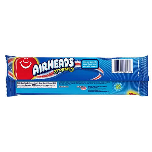 Airheads Xtremes Belts Candy, Chewy Candy Package, Bluest Raspberry Fruit Flavor Artificially Flavored, 3 Ounces (12-Pack)