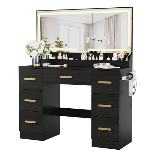 Garvee Vanity Desk with Large Mirror and Lights, 45.9 in Makeup Vanity Desk, 3 Lighting Modes Adjustable Brightness, Vanity Table with Power Outlet & 8 Drawers, for Powder Room and Bedroom B