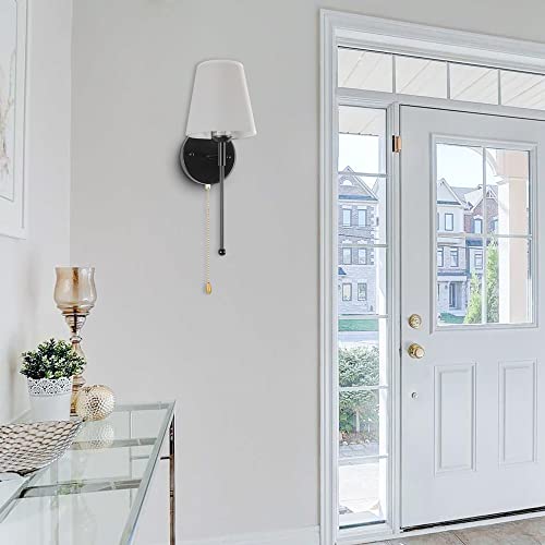 1-Light Black Metal Wall Sconce With White Fabric Shade, Classic Bathroom Vanity Bedroom Living Room Hallway Kitchen Hotel Corridor Indoor Lighting Fixture, Pull Chain Lamp E26 20043 #TOP5