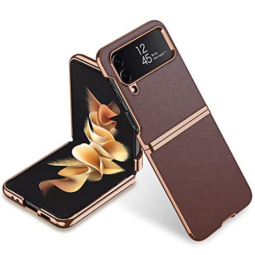 FMPCUON Funda para Samsung Galaxy Z Flip 4 Carcasa Cuero Genuino,Auténtico Cuero Premium Slim, Resistente a Arañazos Lujo Negocio Protectora TPU Cover Galvanoplastia Silicona Case,Marrón Cover