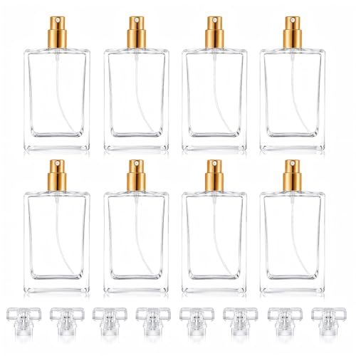 Enenes 8 Pack 30 ml/1 oz Square Glass Perfume Bottles with Gold Atomizers