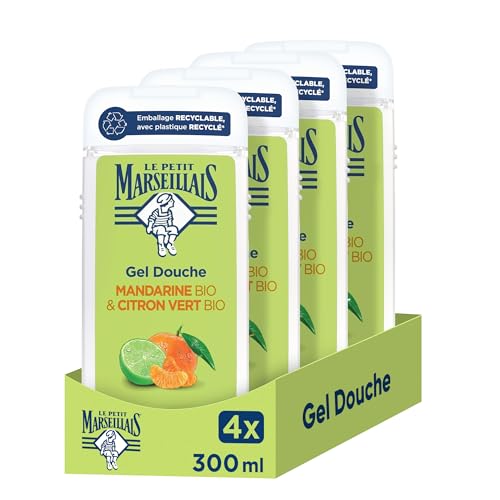 Le Petit Marseillais – Gel Douche Extra Doux Mandarine Bio & Citron Vert Bio (flacon de 300ml) – Formule vegan avec 92% d'ingrédients d'origine naturelle – Emballage recyclable, avec plastique recyclé