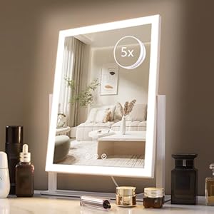 HIEEY Lighted Makeup Mirror, Hollywood Vanity Mirror with Lights, Three Color Lighting Modes, and 5X Magnification Mirror, Smart Touch Control, 360°Rotation (17.3in,White,Gift Box)