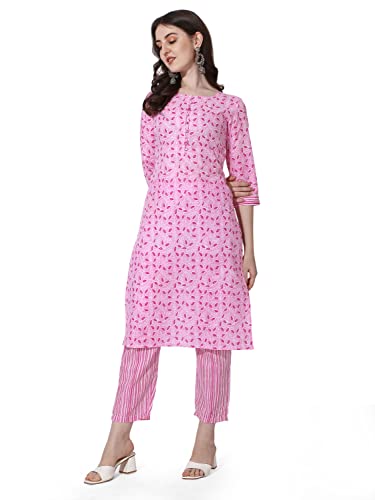 Image of MIRCHI FASHION Women Straight Cotton Blend Jaipuri Print Kurti Set with Pant (K9342 - Pink, White - S)