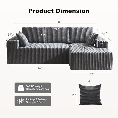 Image of Modular Sectional Sofa Couches L-Shape Couch 3 Seat Modular Sofa Memory Foam Sectional Couches for Living Room (Gray, 108 inch+Right Chaise)
