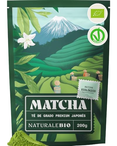NaturaleBio Té Verde Orgánico en Polvo - 200g - Té Matcha Biológico Japonés, Bio Grado Premium - Cultivado en Japón, Uji, Kyoto - Ideal para Beber, Cocina y Latte